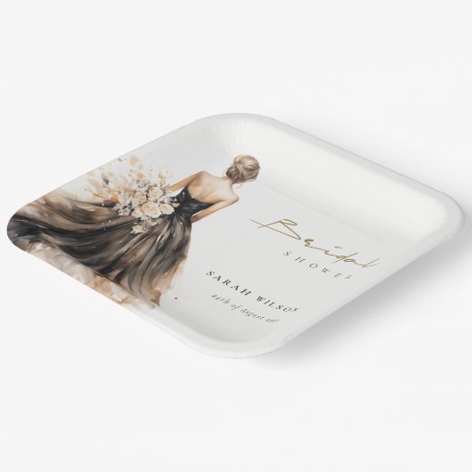 Assiettes En Carton Fête des mariées de Mariage d'aquarelle noire (Angulaire)