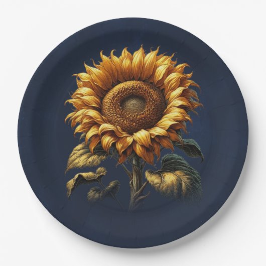 Assiettes En Carton Fête des mariées de Mariage de tournesol bleu rust (Devant)