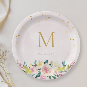 Assiettes En Carton Fête des mariées de monogramme floral rose