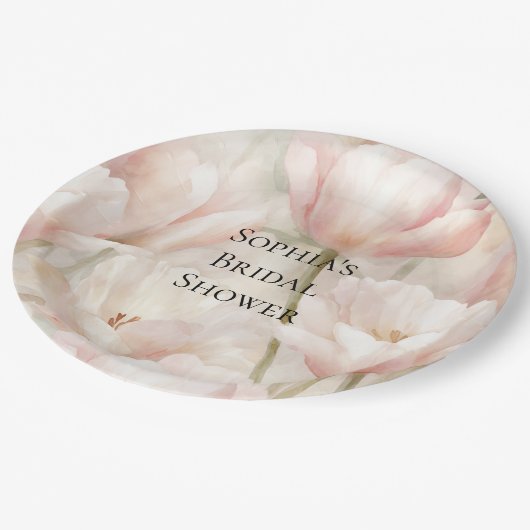 Assiettes En Carton Fête des mariées de tulipes à crème rose pâle (Angle)