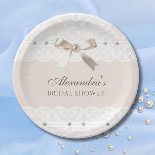 Assiettes En Carton Fête des mariées dentelle en dentelle en satin ros