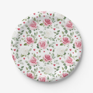 Assiettes En Carton Fête des mariées des Coeurs Floraux roses