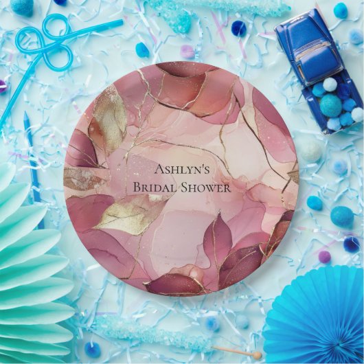 Assiettes En Carton Fête des mariées des Feuilles d'or rose (Fête)