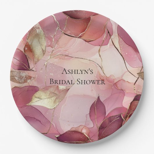 Assiettes En Carton Fête des mariées des Feuilles d'or rose (Devant)