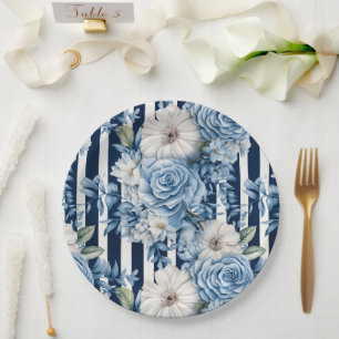 Assiettes En Carton Fête des mariées des rayures florales bleu marine