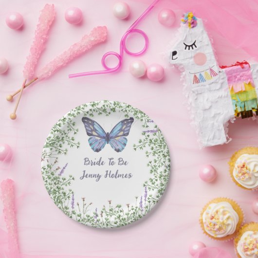 Assiettes En Carton Fête des mariées Fleur sauvage Bleu Papillon Vert (Fête)