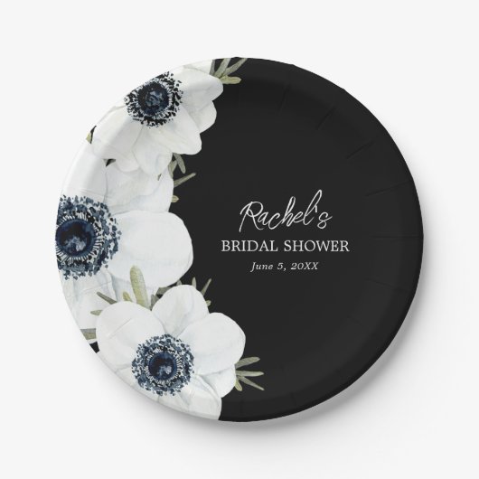 Assiettes En Carton Fête des mariées Fleurs noires et blanches (Devant)