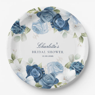 Assiettes En Carton Fête des mariées florale bleu poussiéreux