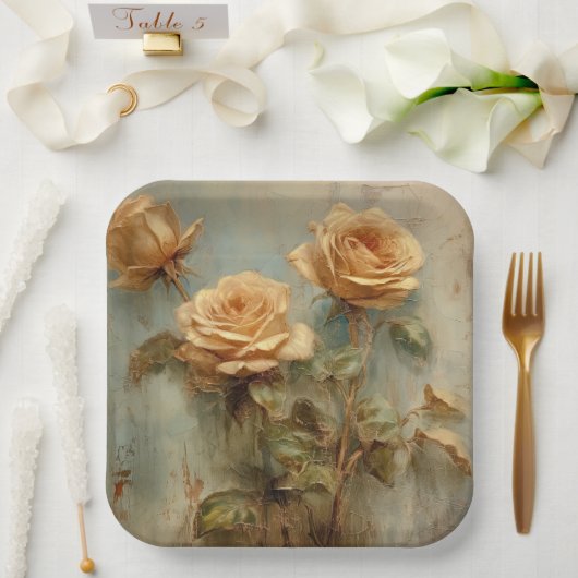 Assiettes En Carton Fête des mariées florale Rose de pêche romantique (Mariage)