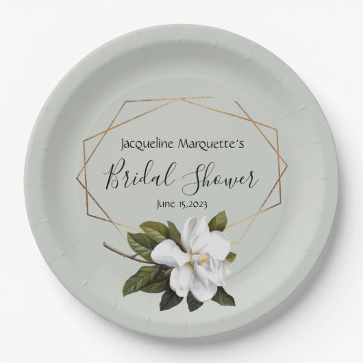 Assiettes En Carton Fête des mariées Magnolia avec Or et Sage (Devant)