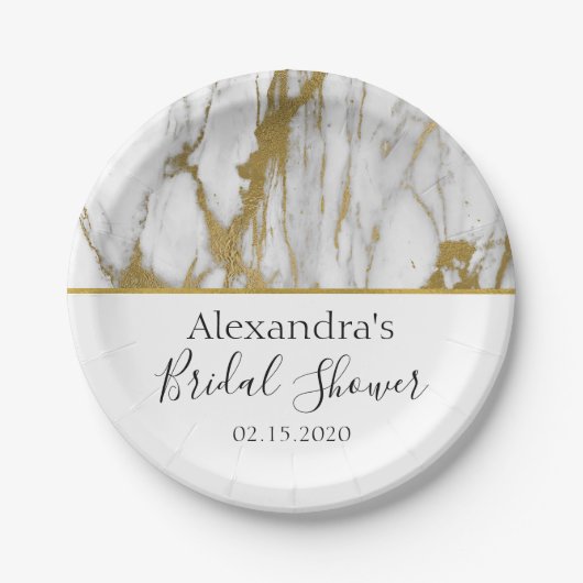 Assiettes En Carton Fête des mariées Marbre blanc et or élégant (Devant)