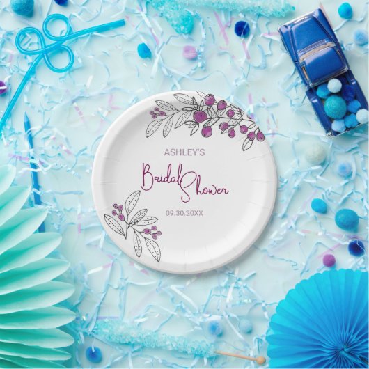 Assiettes En Carton Fête des mariées minimale Purple Berries Feuilles (Fête)