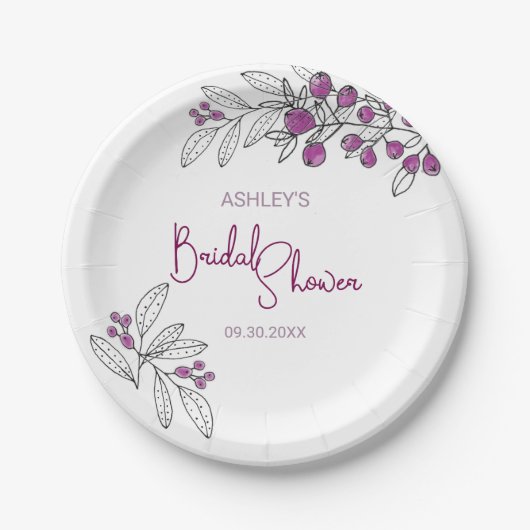 Assiettes En Carton Fête des mariées minimale Purple Berries Feuilles (Devant)