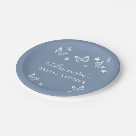 Assiettes En Carton Fête des mariées papillon blanc bleu foncé (Angle)