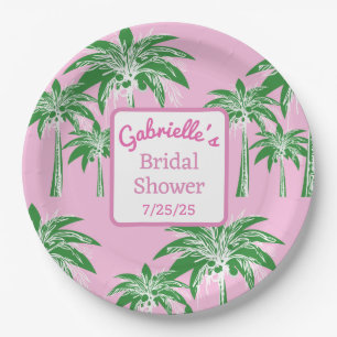 Assiettes En Carton Fête des mariées Pink Script Green Palm Tree perso