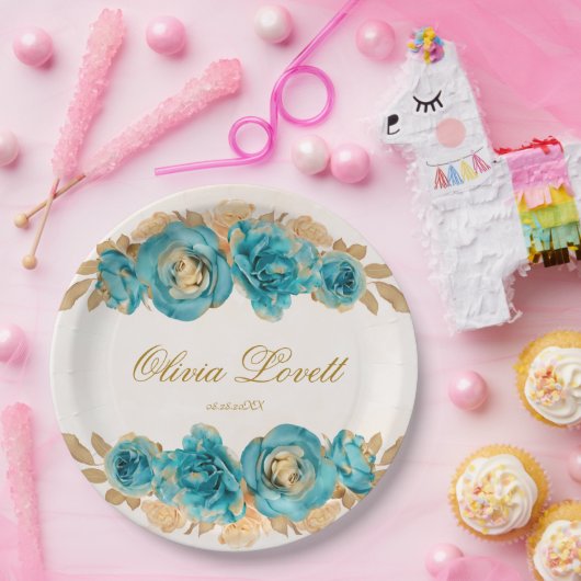 Assiettes En Carton Fête des mariées turquoise d'aquarelle or crémeuse (Fête)