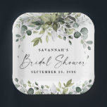 Assiettes En Carton Fête des mariées Verdure Elégante Aquarelle Bohème<br><div class="desc">Le design présente d'élégants eucalyptus,  des branches d'oliviers et d'autres éléments feuillus. "Fête des mariées" est imprimé dans une police design moderne entourée de quelques petits feuilles en chute.</div>