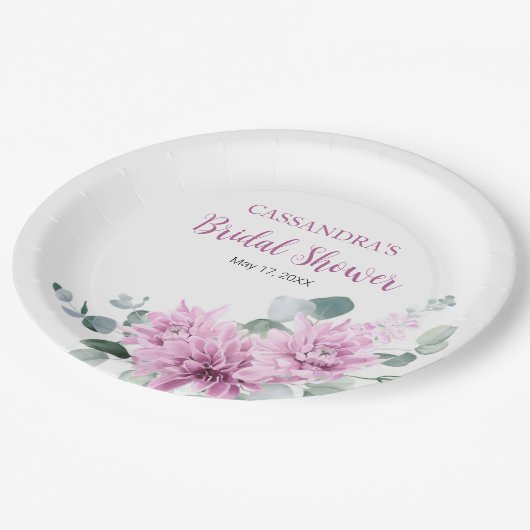 Assiettes En Carton Fête des mariées verte pourpre Dahlia Eucalyptus (Angle)