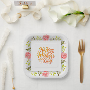 Assiettes En Carton Fête des Mères Florale Aquarelle Fleur Rose