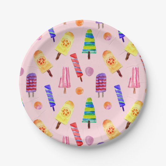 Assiettes En Carton Fête d'été des Popsicles d'aquarelle peinte à la m (Devant)
