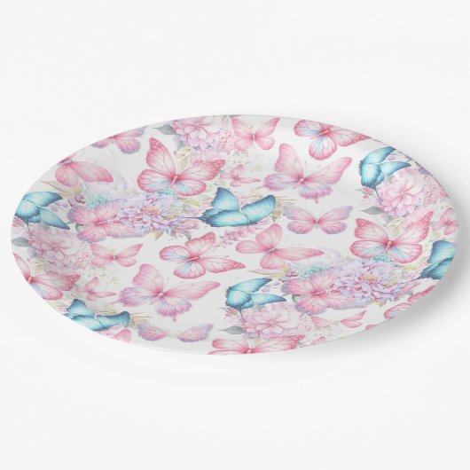 Assiettes En Carton Fête d'été Papillon rose violet bleu (Angle)