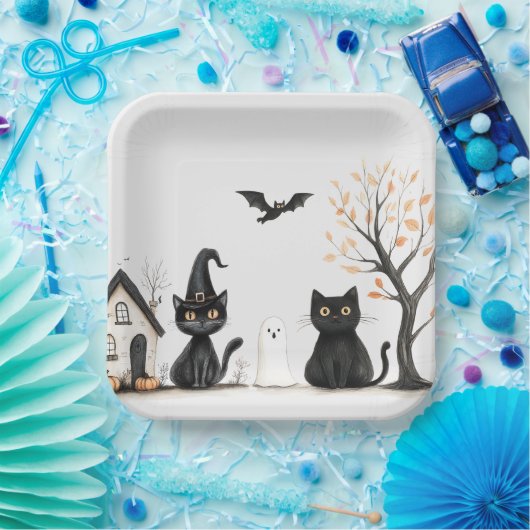 Assiettes En Carton Fête d'Halloween aux chats noirs mignons (Fête)