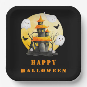 Assiettes En Carton Fête d'Halloween avec Maison hantée et Fantômes