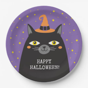 Assiettes En Carton Fête d'Halloween de chat noir