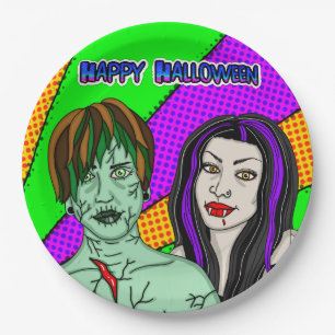 Assiettes En Carton Fête d'Halloween Pop Art zombie Vampire