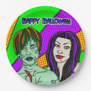 Assiettes En Carton Fête d'Halloween Pop Art zombie Vampire