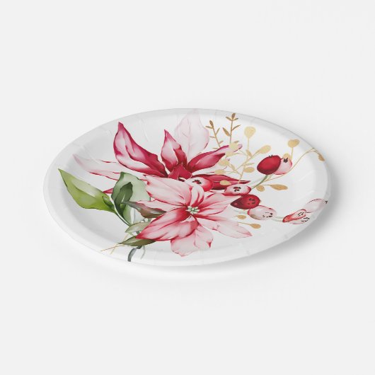 Assiettes En Carton Fête d'hiver poinsettia aquarelle fleurs (Angle)