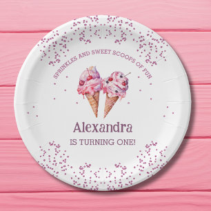 Assiettes En Carton Fête du 1er anniversaire de la fille à la glace ro