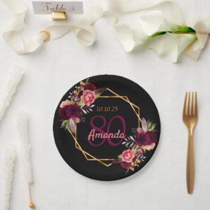 Assiettes En Carton fête du 80e anniversaire noir or geo floral bordea