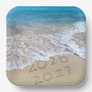 Assiettes En Carton Fête du Nouvel An 2027 sur la plage tropicale