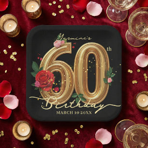 Assiettes En Carton Fête élégante de 60e anniversaire Rose rouge noir 