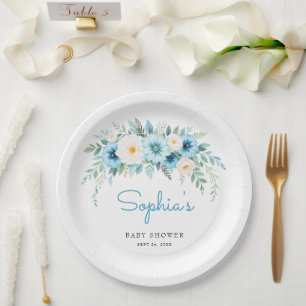 Assiettes En Carton Fête élégante de baby shower aux fleurs bleues ten