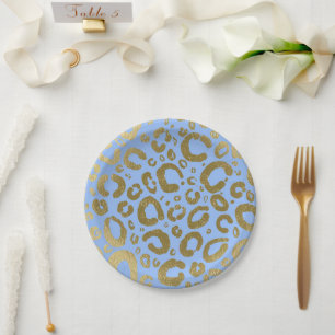 Assiettes En Carton Fête Empreinte de léopard Light Blue & Gold Glam