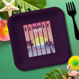 Assiettes En Carton Fête estivale de synthwave rose et violet