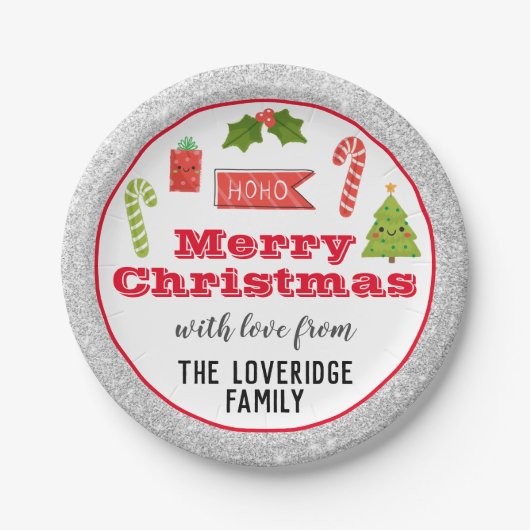 Assiettes En Carton Fête Joyeux Noël Rouge Parties scintillant argent (Devant)