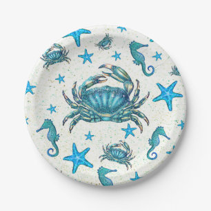 Assiettes En Carton Fête Moderne Crabe Bleu Étoile de Mer Hippocampe d