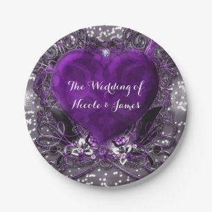 Assiettes En Carton Fête Paillettes Cœur Violet & Argent