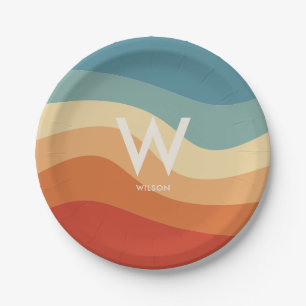 Assiettes En Carton Fête personnelle de Monogramme rayé par rétro