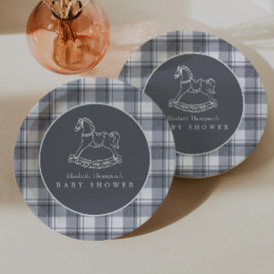 Assiettes En Carton Fête Prénatale Cheval à Bascule Gingham Élégant Vi