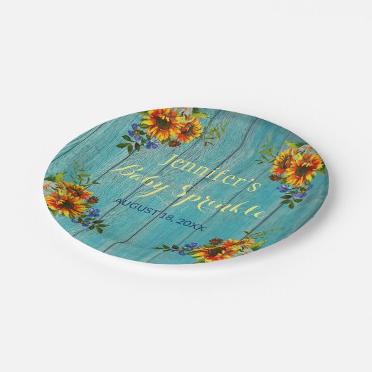 Assiettes En Carton Fête Rustique Bleue Tournesol Bébé Sprinkle (Angle)