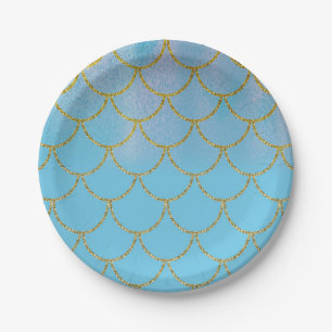 Assiettes En Carton Fête Sirène avec Reflet Irridescent Bleu et Or