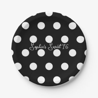 Assiettes En Carton Fête Sweet 16 à pois blancs et noirs