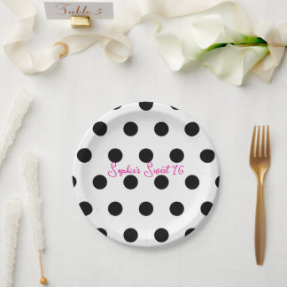 Assiettes En Carton Fête Sweet 16 à pois blancs et noirs