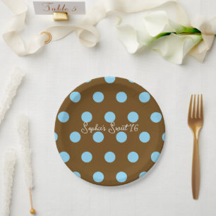 Assiettes En Carton Fête Sweet 16 à pois bleus et marron