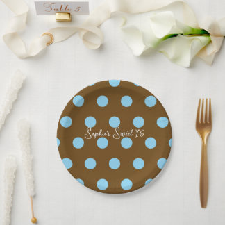 Assiettes En Carton Fête Sweet 16 à pois bleus et marron