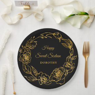 Assiettes En Carton Fête Sweet 16 Luxe Rose Dorée Florale Noir